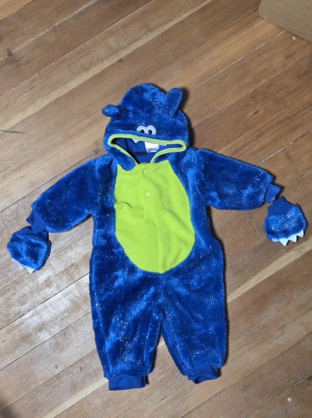 Infant Halloween Sparkly Blue Monster Costume green belly, Claw Mittens Sz 3-6 M